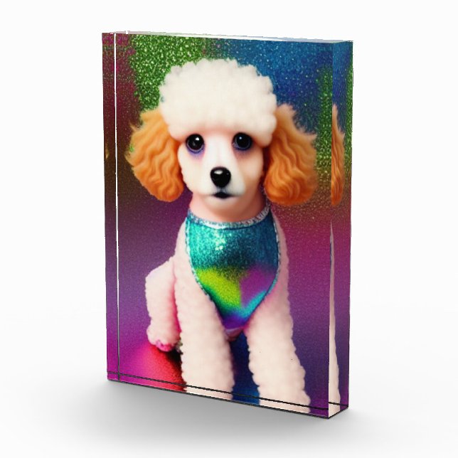 Weißes Poodle mit Cremeohren auf Regenbogenfunkel Fotoblock (Rechts)