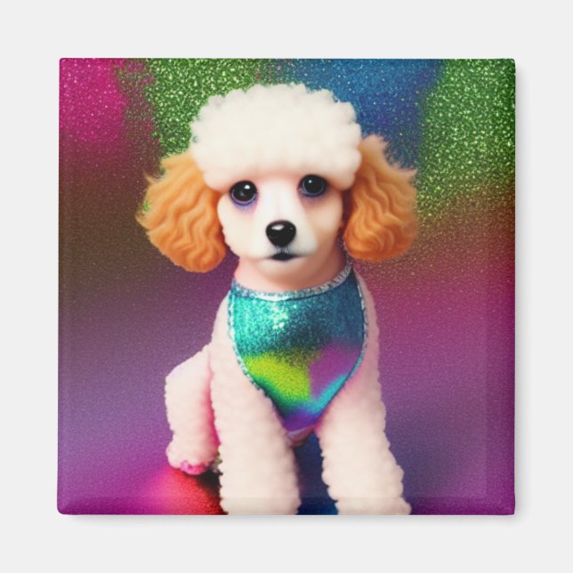 Weißes Poodle mit Cremeohren auf Regenbogenfunkel Magnet (Vorne)