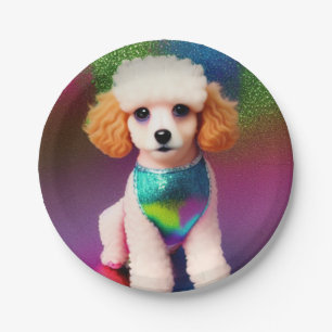 Weißes Poodle mit Cremeohren auf Regenbogenfunkel Pappteller