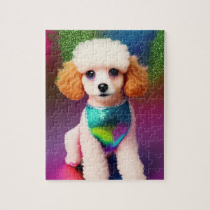 Weißes Poodle mit Cremeohren auf Regenbogenfunkel Puzzle
