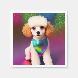 Weißes Poodle mit Cremeohren auf Regenbogenfunkel Serviette