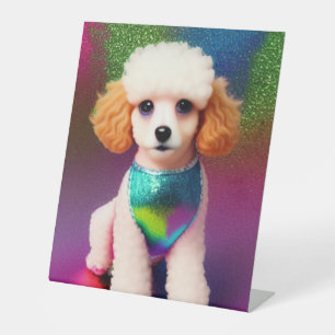 Weißes Poodle mit Cremeohren auf Regenbogenfunkel Sockelschild