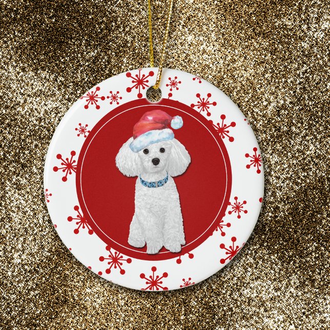 Weißes Poodle Rotes Schneeflocken Keramik Ornament (Von Creator hochgeladen)