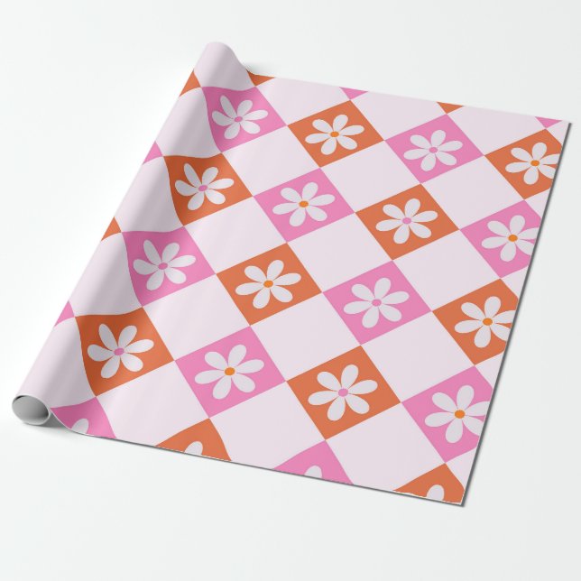 Weißes Retro-Blume auf orangefarbenen und rosa Dia Geschenkpapier (Ungerollt)