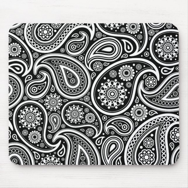 Weißes Retro-Paisley-Muster auf schwarz Mousepad (Vorne)