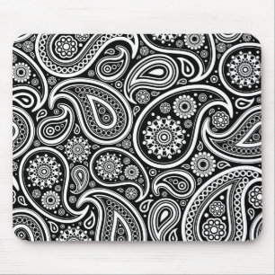 Weißes Retro-Paisleymuster-Design auf Schwarz Mousepad