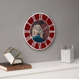 Weißes römisches Foto an der Grenze Dunkelrot Große Wanduhr