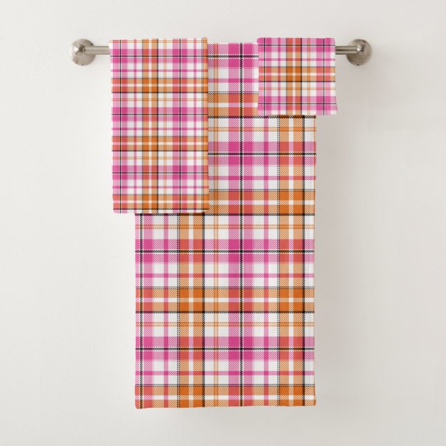 Weißes Rosa Oranges Karo Tartan Design  Badhandtuch Set (Insitu)
