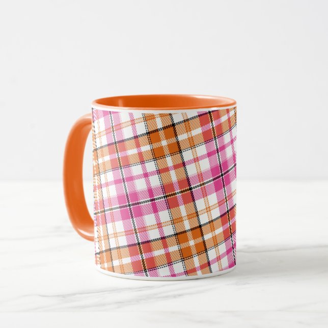 Weißes Rosa Oranges Karo Tartan Design  Tasse (Vorderseite Links)