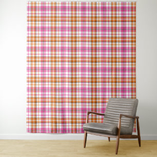 Weißes Rosa Oranges Karo Tartan Design Wandteppich