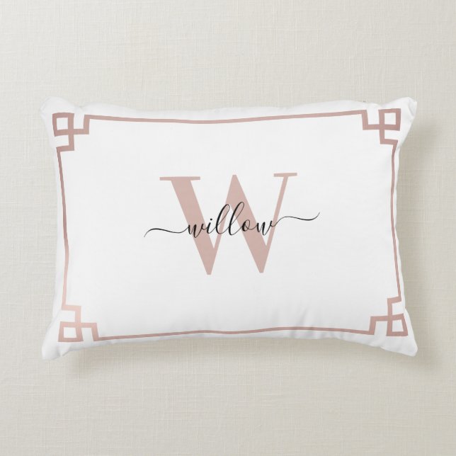 Weißes Rose Rosa griechischer Schlüssel Mit Monogr Dekokissen (Vorderseite)