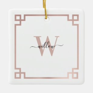 Weißes Rose Rosa griechischer Schlüssel Mit Monogr Keramikornament