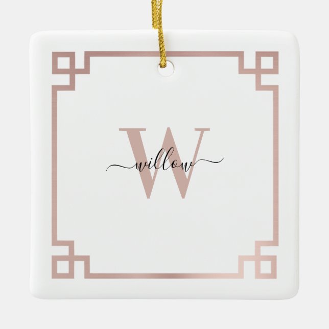 Weißes Rose Rosa griechischer Schlüssel Mit Monogr Keramikornament (Vorderseite)