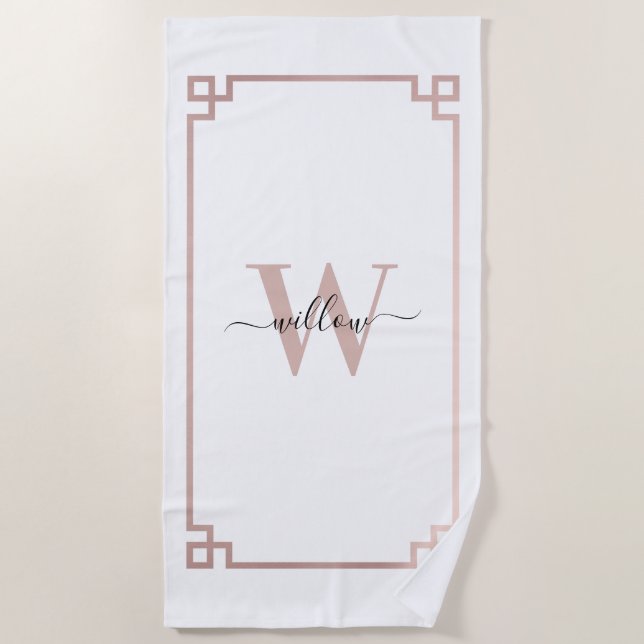 Weißes Rose Rosa griechischer Schlüssel Mit Monogr Strandtuch (Vorderseite)