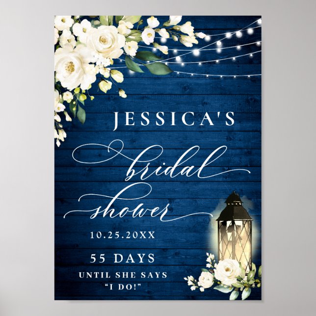 Weißes Roses Laternenblau Brautparty Poster (Vorne)