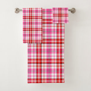Weißes Rot Pink Kariertes Tartan Design  Badhandtuch Set
