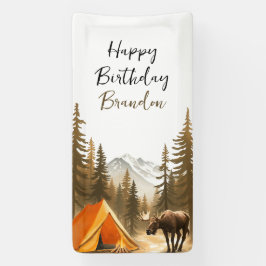 Weißes, rustikales Waldland Camping Geburtstag Banner