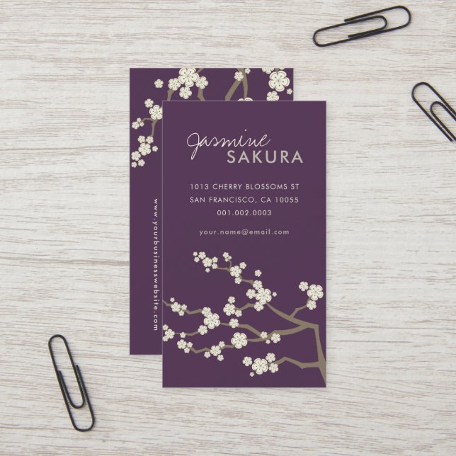Weißes Sakura Orientalisches Kirschblüten Elegante Visitenkarte (Vorderseite/Rückseite Beispiel)
