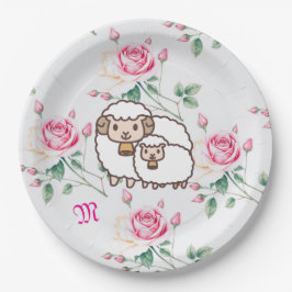 Weißes Schaf mit Baby Lamm und Rose Monogramm Pappteller