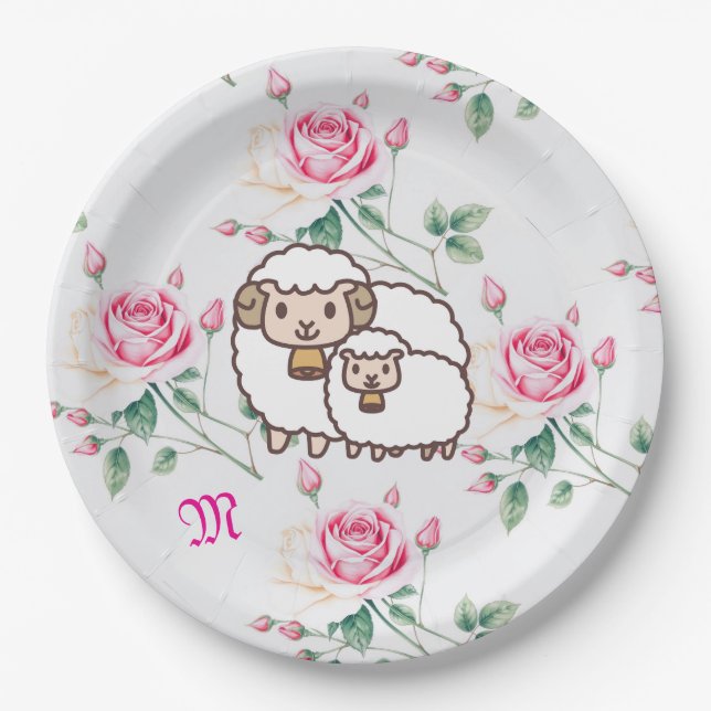 Weißes Schaf mit Baby Lamm und Rose Monogramm Pappteller (Vorderseite)