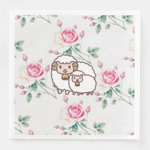 Weißes Schaf mit Baby Lamm und Rosenblumen Serviette