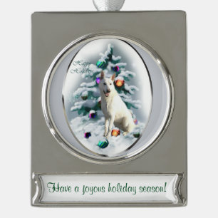 Weißes Schäferhund-personalisiertes Weihnachten Banner-Ornament Silber