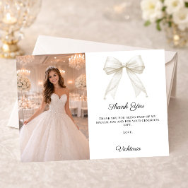 Weißes Schleifenfoto Perlen Mädchen Quinceanera Dankeskarte