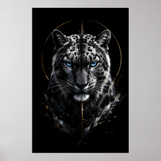 Weißes Schneeleopardenporträt | Blaue Augen | Schw Poster