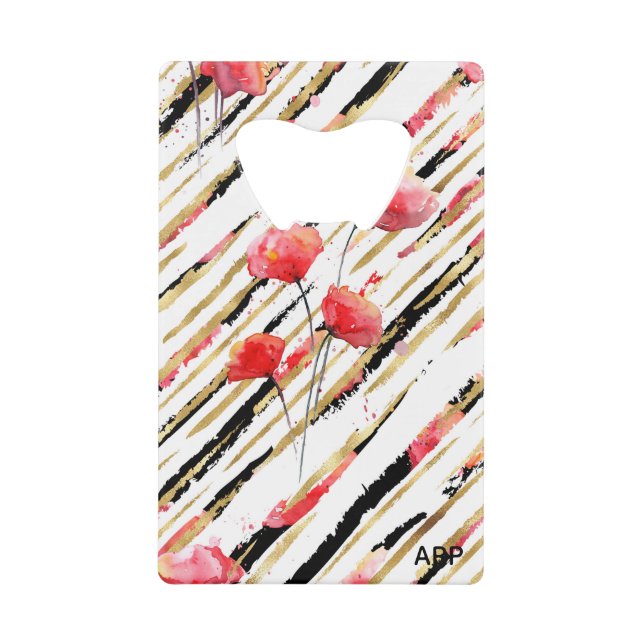 *~* weißes schwarzes Goldrotes Mohnblumen-Muster Geldbeutel Flaschenöffner (Vorderseite)