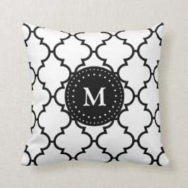 Weißes schwarzes Quatrefoil Muster-mit Monogramm Kissen