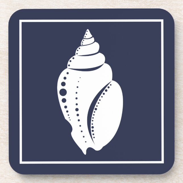 Weißes Seashell und Navy Blue Getränkeuntersetzer (Vorderseite)