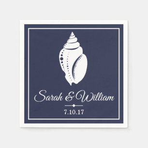 Weißes Seashell und Navy Blue   Personalisiert Serviette
