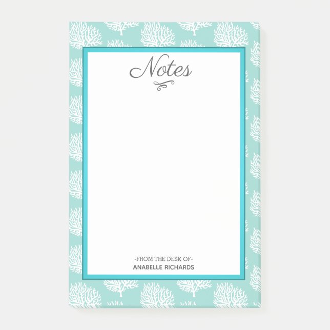 Weißes Seeküstenkorallen u. Seeglas-Grün Post-it Klebezettel (Vorderseite)