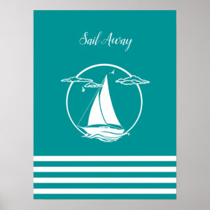 Weißes Segelboot Silhouette/Segeln/Aqua Poster