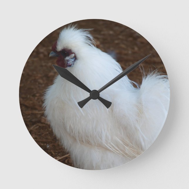Weißes Silkie Huhn Runde Wanduhr (Vorderseite)