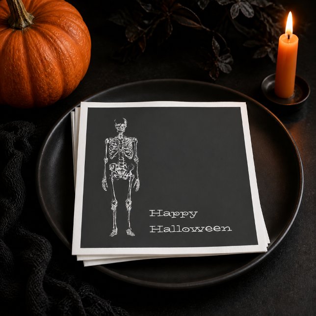 Weißes Skelett Schwarzer Geist Halloween-Party Serviette (Invite a little bone-chilling fun to your table with this delightfully spooky Halloween design. )