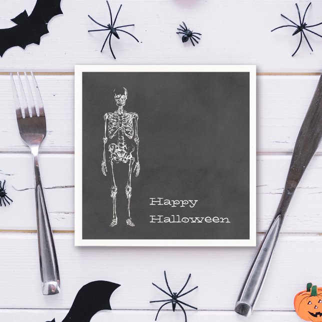 Weißes Skelett Schwarzer Geist Halloween-Party Serviette (Decorate your Halloween party with this spooky Skeleton designed black charcoal napkin. )