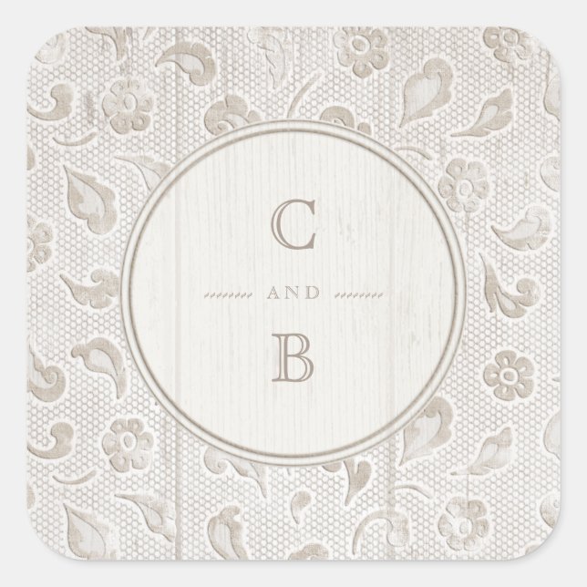 Weißes Spitzen-Holz rustikale Hochzeitsmonogramm Quadratischer Aufkleber (Vorderseite)