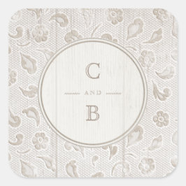 Weißes Spitzen-Holz rustikale Hochzeitsmonogramm Quadratischer Aufkleber