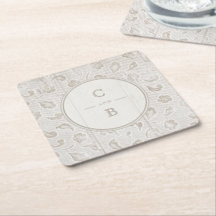 Weißes Spitzen-Holz rustikale Hochzeitsmonogramm Rechteckiger Pappuntersetzer