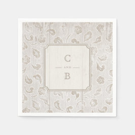 Weißes Spitzen-Holz rustikale Hochzeitsmonogramm Serviette