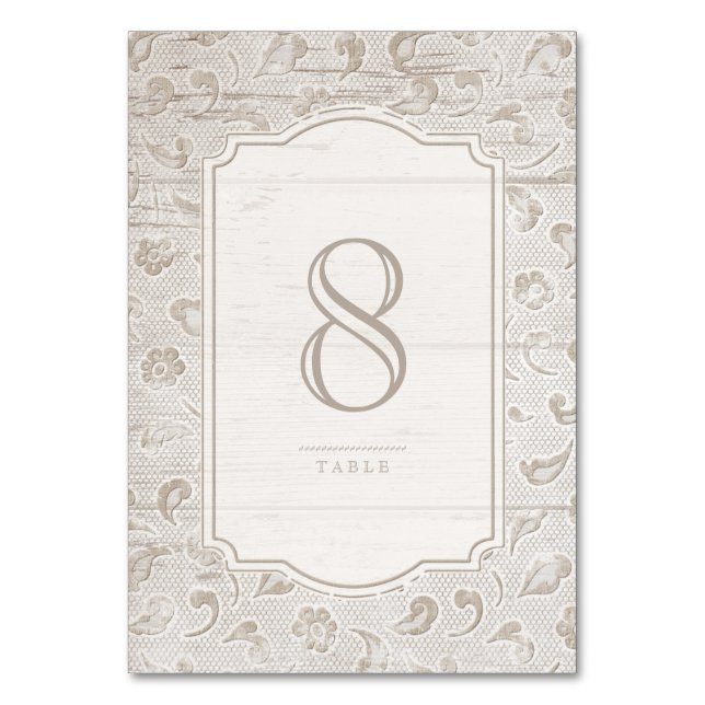 Weißes Spitzenholz rustikale Landkarte Hochzeitsti Tischnummer (Vorderseite)