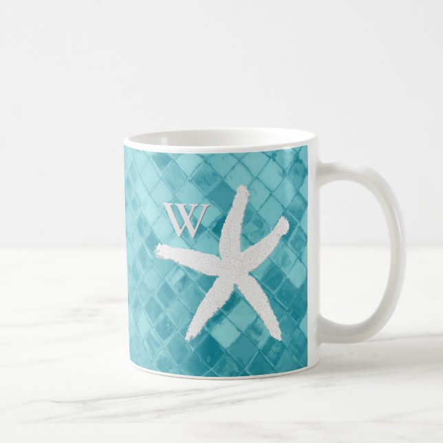 Weißes Starfish-Aqua-Seeglas-Monogramm Tasse (Rechts)