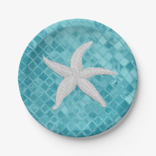 Weißes Starfish-Aqua-Seeglas Personailize Pappteller