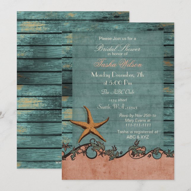 Weißes Starfish Coral Rustic Beach Brautparty Einladung (Vorne/Hinten)