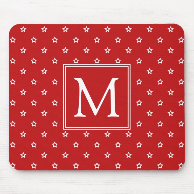Weißes Sternmuster auf hellrotem Monogramm Mousepad (Vorne)