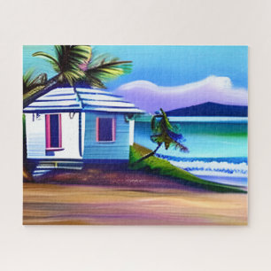 Weißes Strandhaus Tropischer Ozean Kunst Puzzle