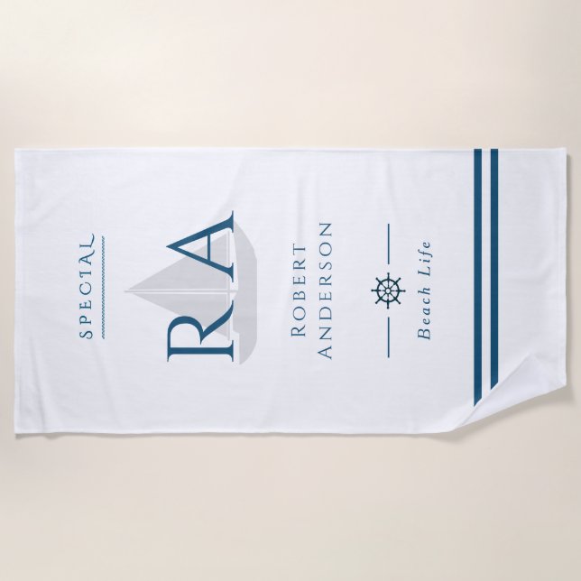 Weißes Strandtuch für Nautic Monogram (Vorderseite)