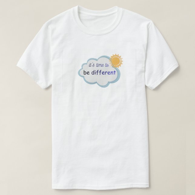 Weißes T-Shirt mit darauf erwähntem Text. (Design vorne)