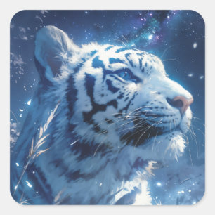 Weißes Tiger-Profil unter sternklarem Nachthimmel Quadratischer Aufkleber